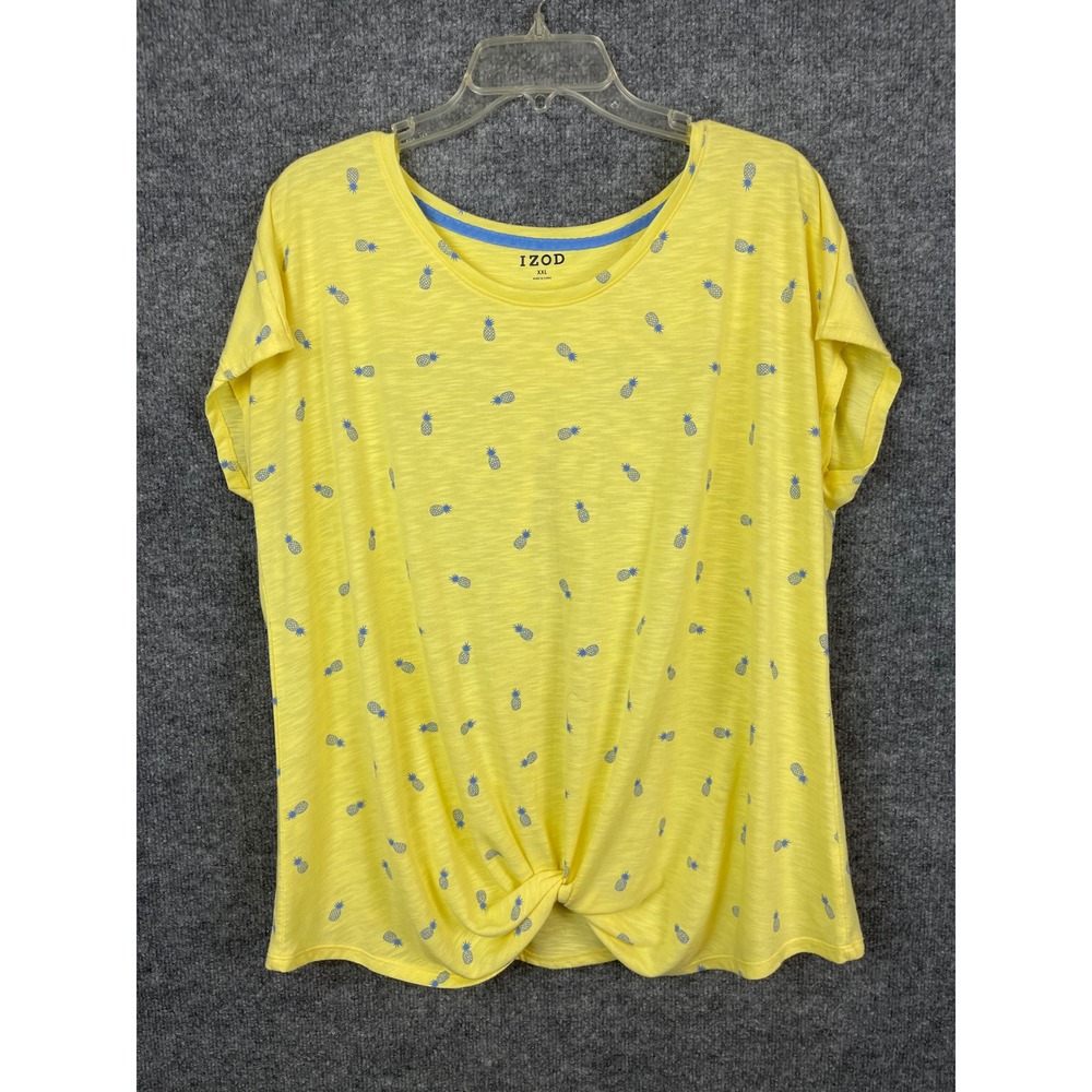 IZOD Pineapple Print Twist Front Top Women's XXL Yellow Short Sleeve Tee